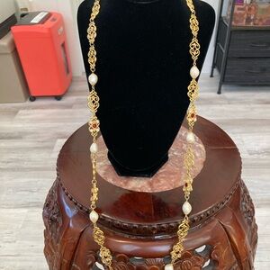 Pre-Loved Faux Pearl, Ruby & Diamond Gold Plated Necklace